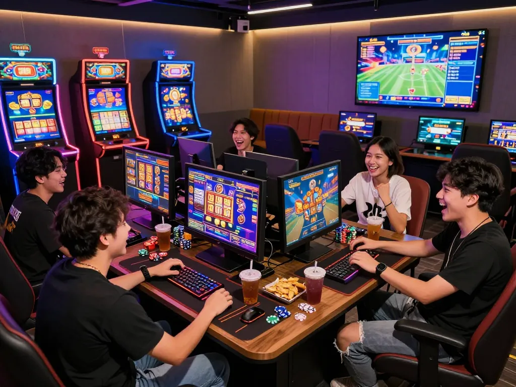 Suasana permainan slot gacor hari ini yang menarik dengan pemain merayakan kemenangan di lounge yang terang.