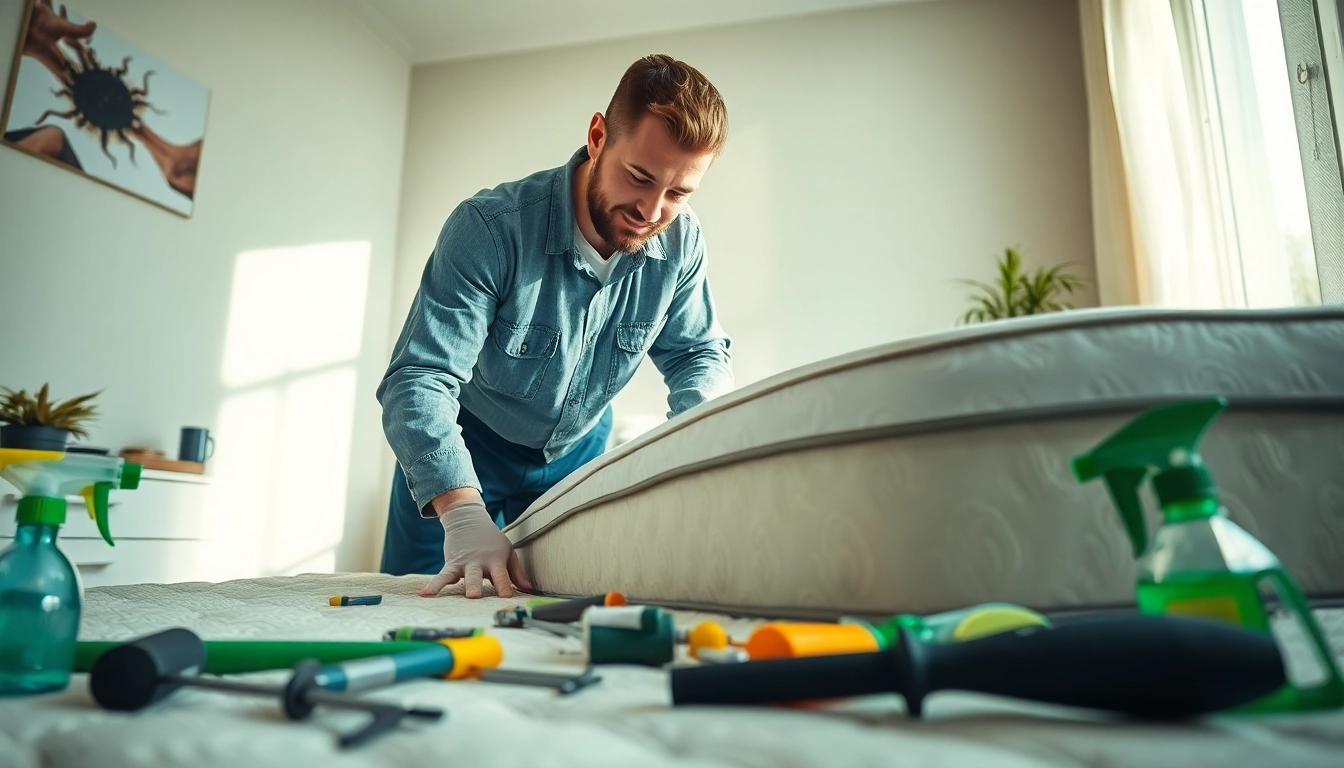 Implement effective bed bug extermination services as a technician inspects a mattress.