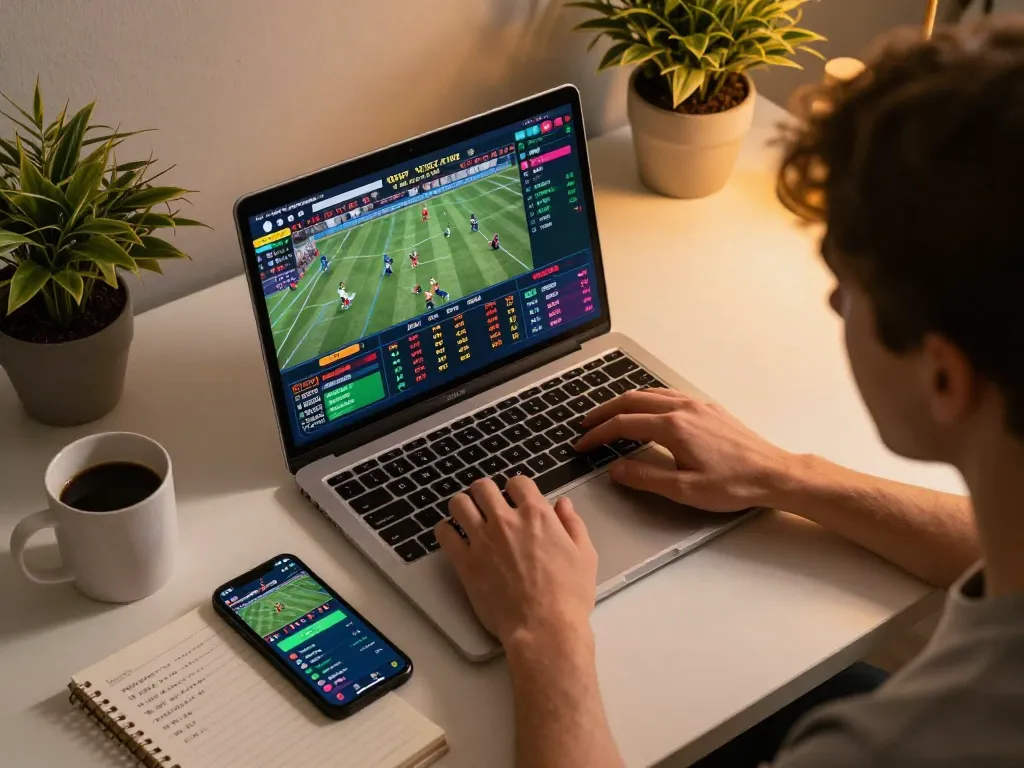 Engaging online sports betting session at manclub with laptop and smartphone, showcasing vibrant betting graphics.