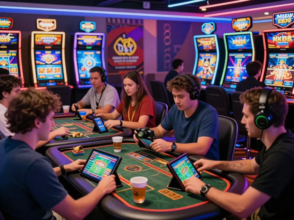 Players enjoying nk88 bet games in a vibrant online casino environment with tablets and neon lights.