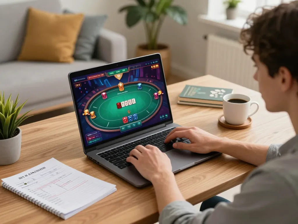Engaging online poker gameplay on RR88, displaying strategic betting notes while enjoying the comfort of home.