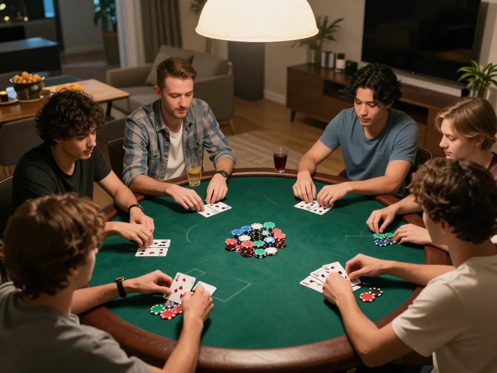 Players enjoying a lively poker game at home, showcasing strategy and camaraderie with xx88 poker chips.