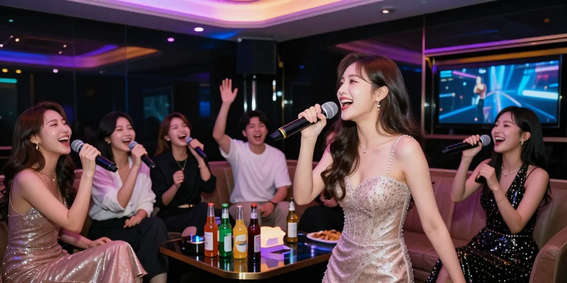 강남쩜오에서 친구들과 즐거운 시간을 보내는 모습, 화려한 조명이 비치는 고급스러운 노래방 환경