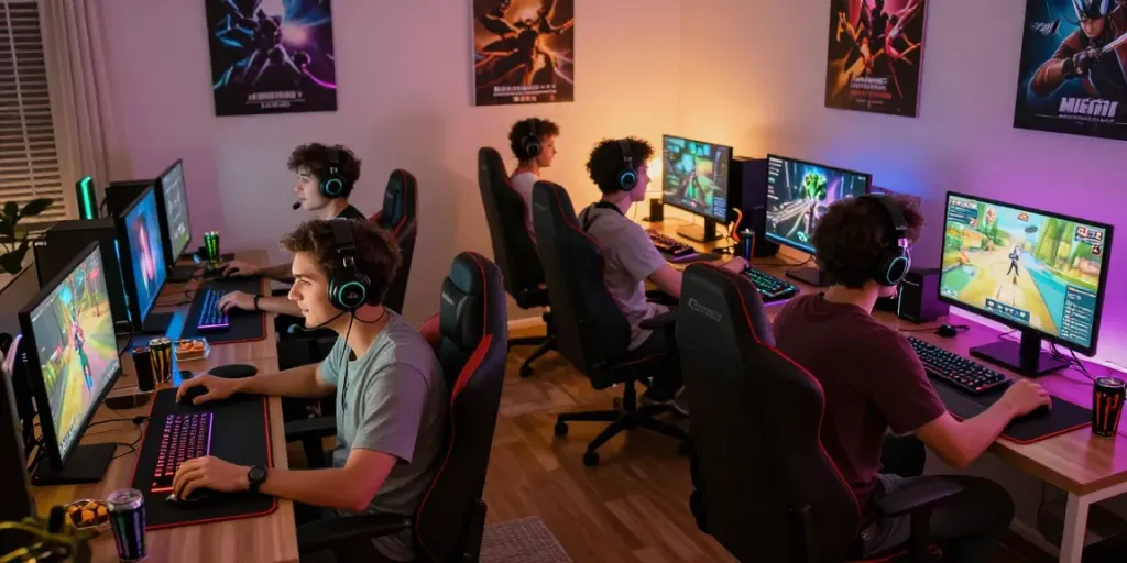 Engaged gamers enjoying DJARUMBOS LINK ALTERNATIF at home during evening sessions.
