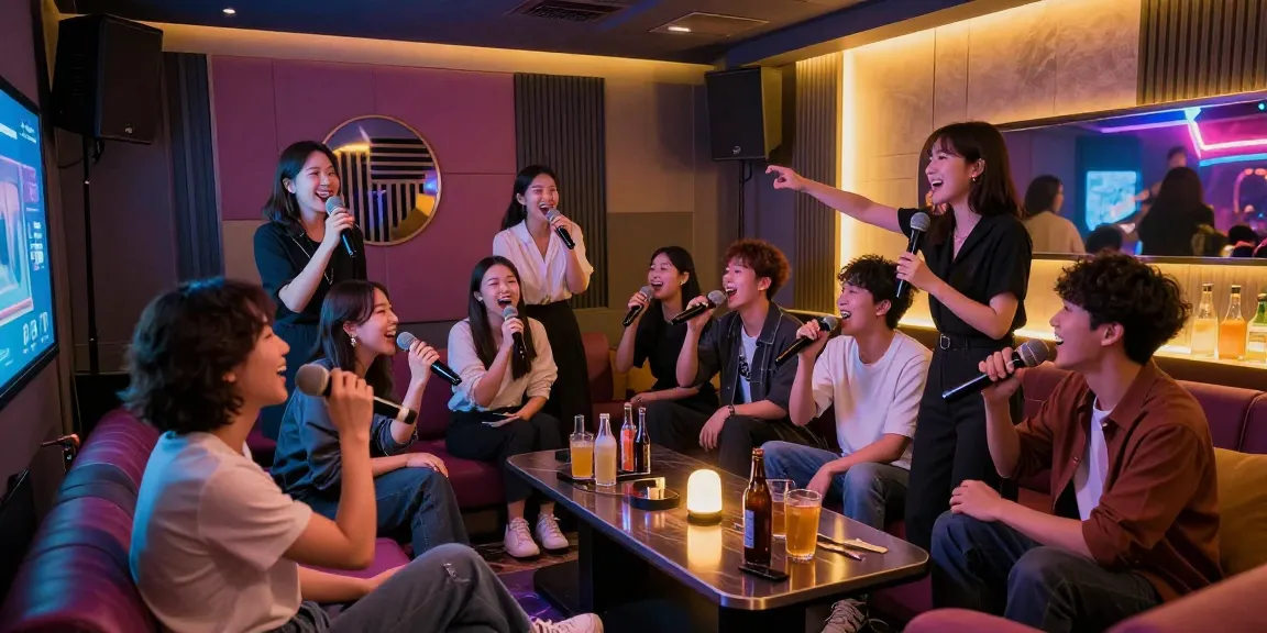 인천쓰리노에서 친구들과 즐거운 노래를 부르고 있는 모습, 화려한 조명과 쾌적한 분위기 속에서의 유흥을 표현.