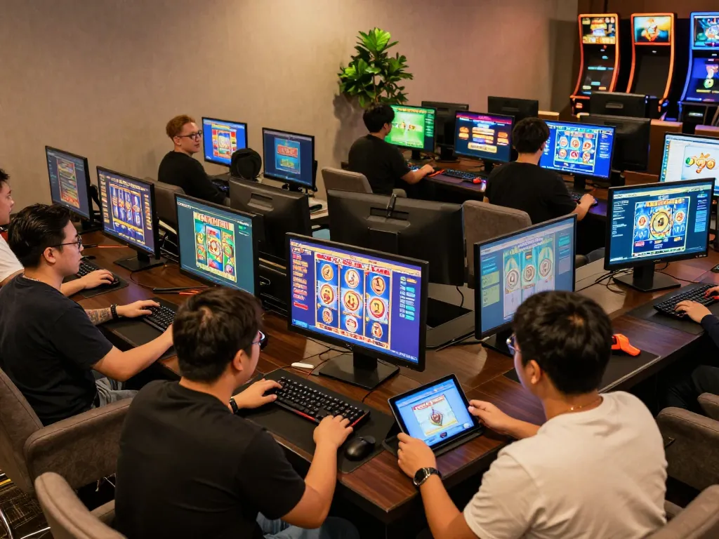 Players engaging with slot gacor games on their devices, showcasing excitement in a cozy online casino setup