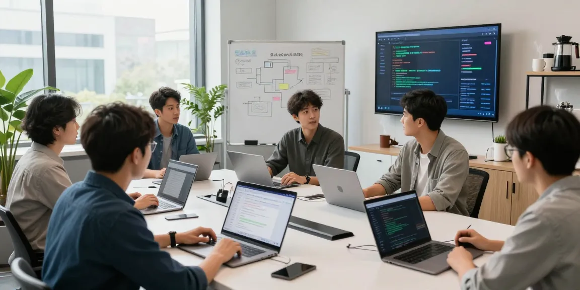 Developers discussing features on 纸飞机中文版官网 in a modern tech office.