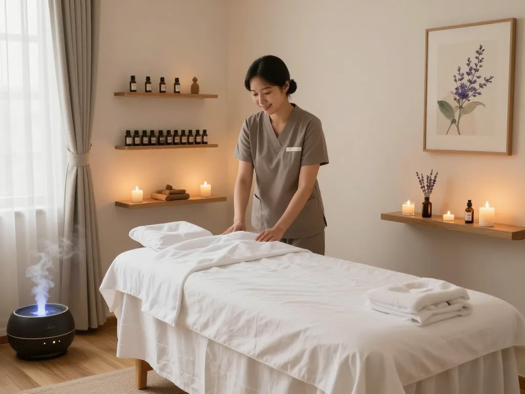 신사동마사지 session setup in a serene spa environment with warm lighting.