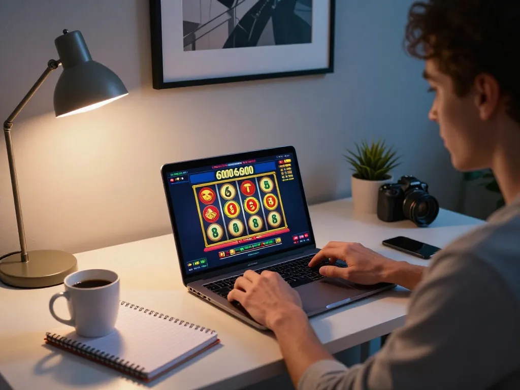 Player enjoying slot6000 in a stylish home office, spinning reels, showcasing online gaming atmosphere.