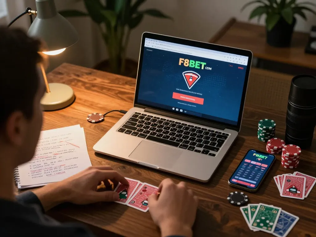 Engaging online poker game setup featuring the F8BET COM interface with strategic notes and laptop