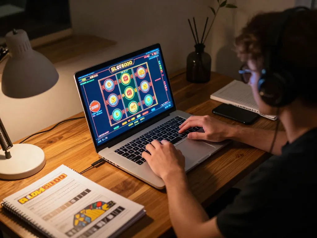 SLOT6000 user engaging in dynamic online gameplay at home, showcasing modern gaming setup.