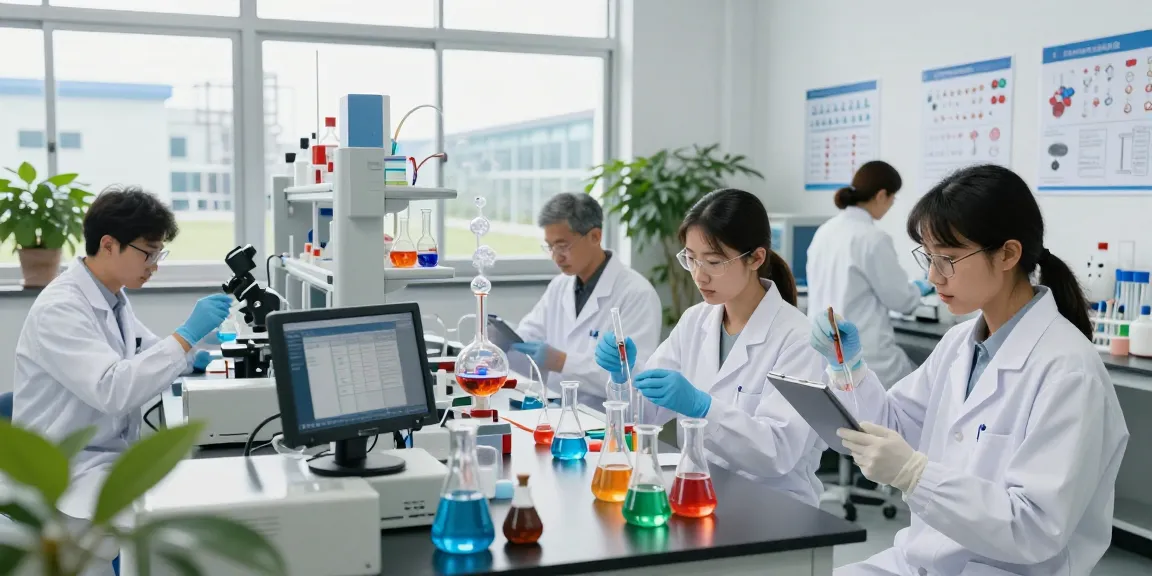Chemical raw materials supplier team collaborating in a vibrant laboratory, analyzing colorful chemicals.