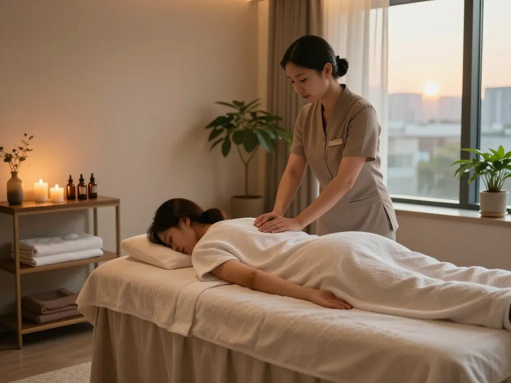 Client receiving a 강남마사지 in a luxury spa environment with soothing decor.