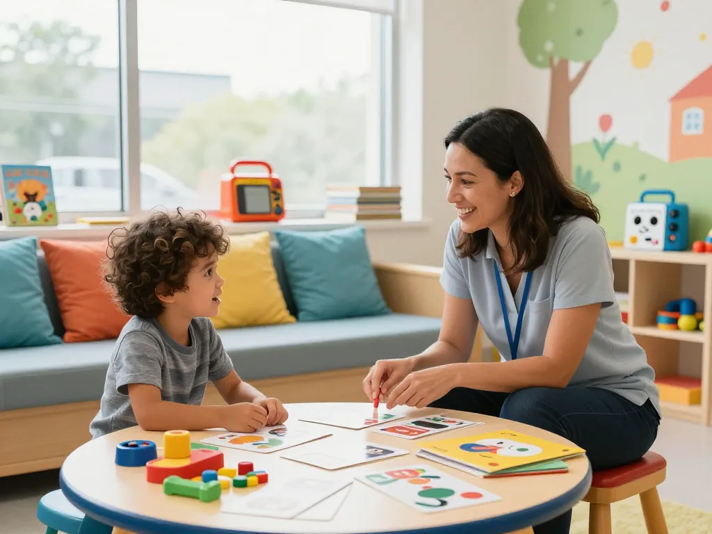Interactive speech therapy session in Sydney with child and therapist using colorful materials for engagement.