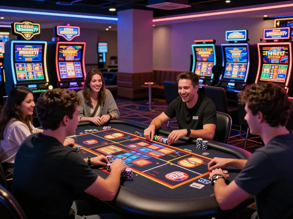 Exciting online gaming experience at vegasslot77, featuring players enjoying vibrant slot games with friends.