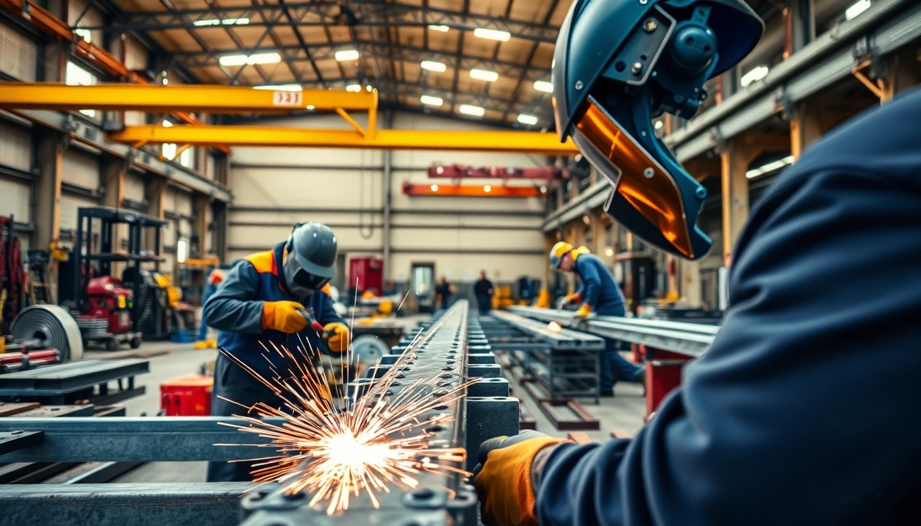 Welders engaged in structural steel fabrication, showcasing precision and craftsmanship in a workshop.