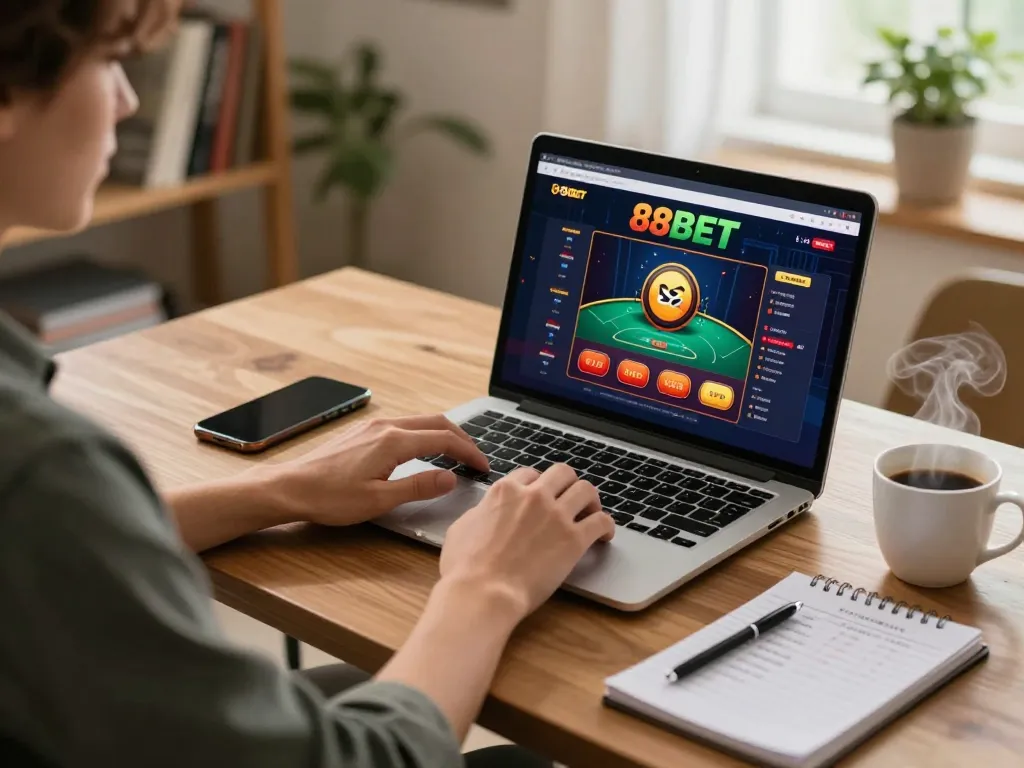 Engaging user enjoying 88BET's online casino games at home, highlighting a modern gaming setup.