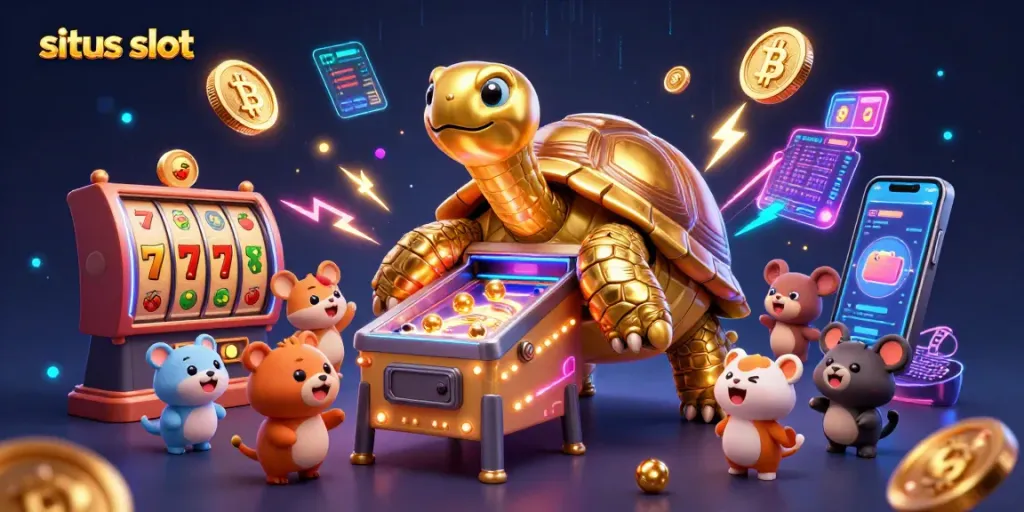 Situs slot animated scene featuring a golden tortoise and vibrant slot symbols for players.