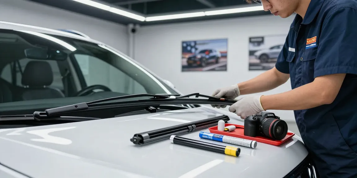 Inspecting rear wiper blade in a modern vehicle garage setting