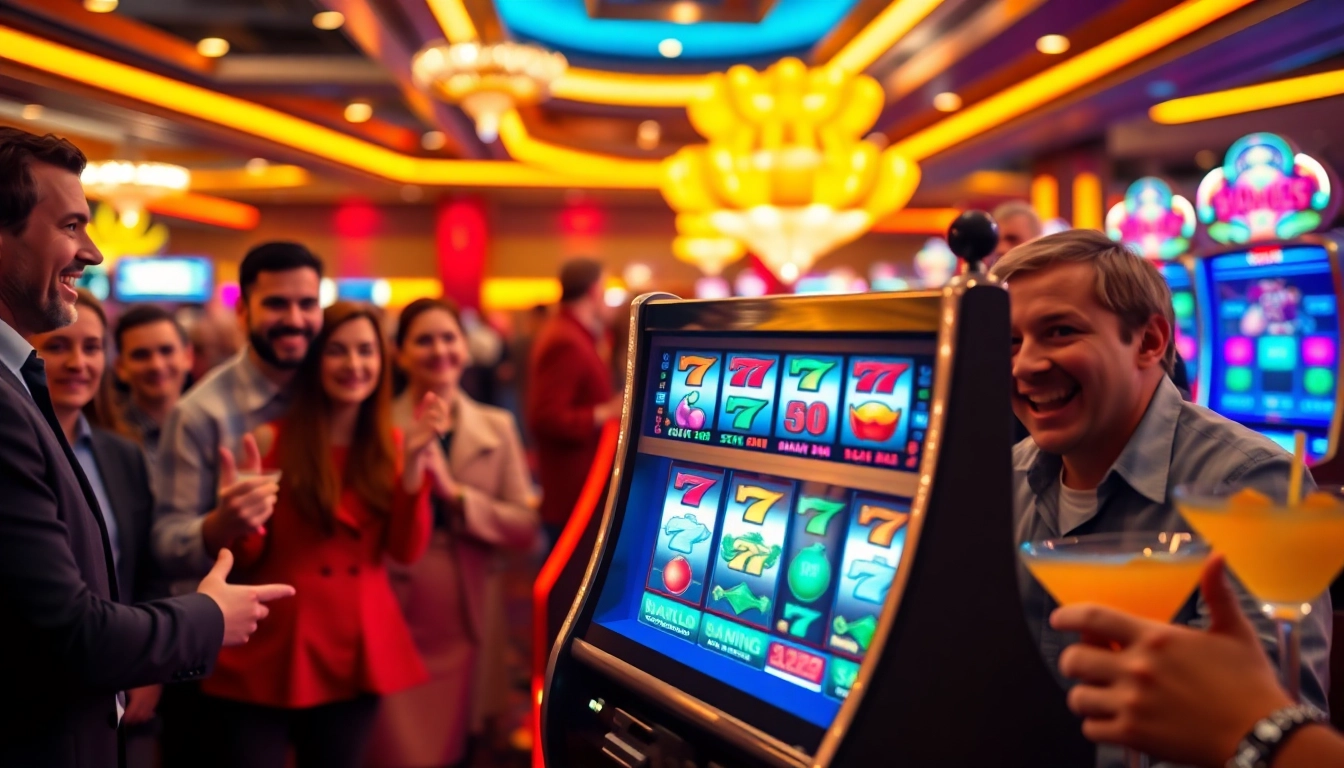 Permainan aplikasi slot di kasino dengan slot machine yang menyala dan pemain yang antusias.