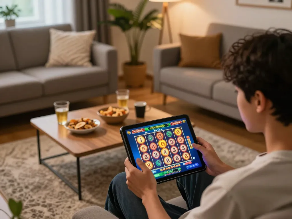Engaging with akun pro jepang slot on a tablet in a warm living room setting