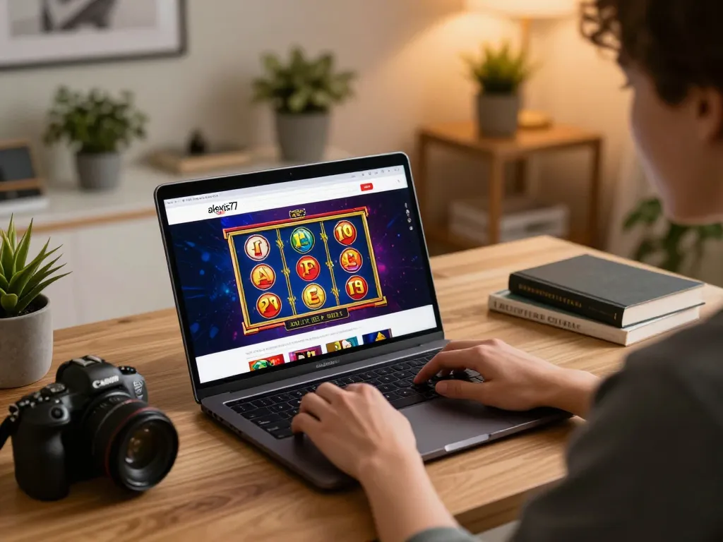 Player engaging with alexis77 casino gaming on laptop in cozy home setup, illustrating online entertainment.