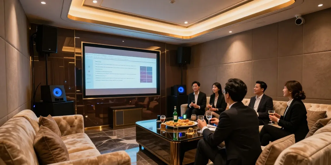 강남쩜오 프리미엄 가라오케에서 비즈니스 미팅을 즐기는 사람들, 고급 인테리어와 최첨단 음향 설비가 돋보인다.
