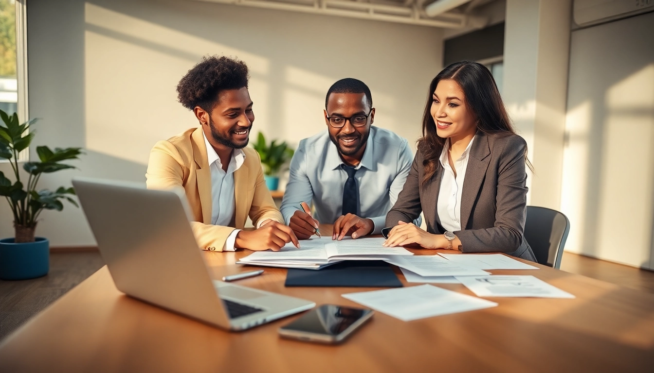 Engaging Proposal Writing and Management discussion with collaborative consultants in a modern office setting.
