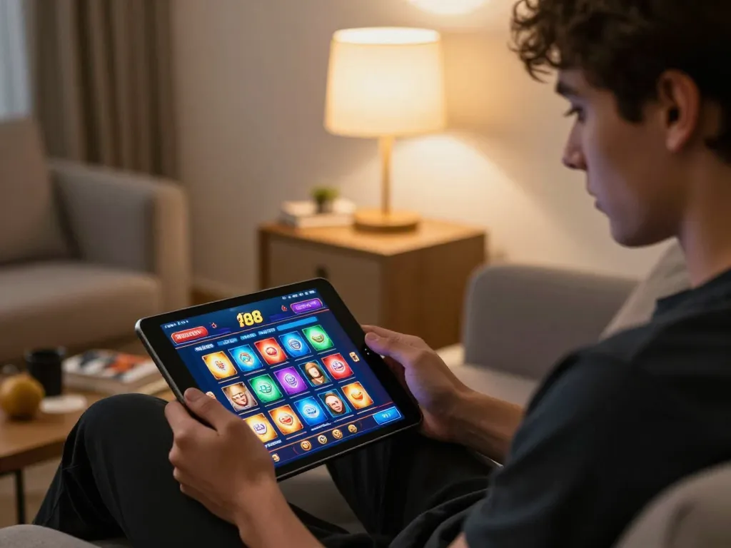 Engaged user exploring open88 online casino on a tablet in a cozy living room environment.