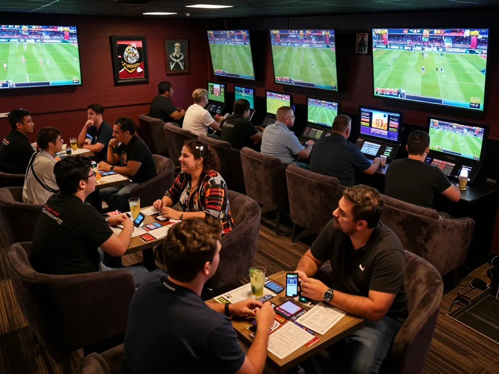 Excited bettors engaging with sports betting and placing wagers on giường bệnh nhân events, vibrant lounge atmosphere.