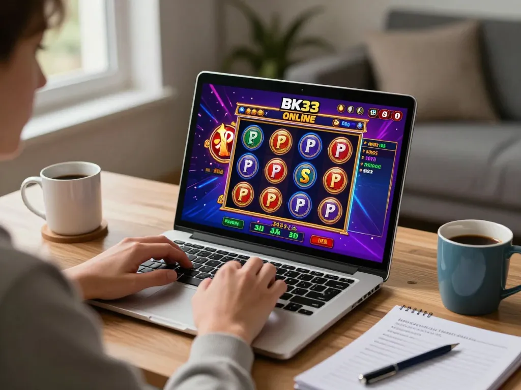 Engage with BK33 online slots while enjoying a cozy home gaming setup featuring colorful spinning reels.