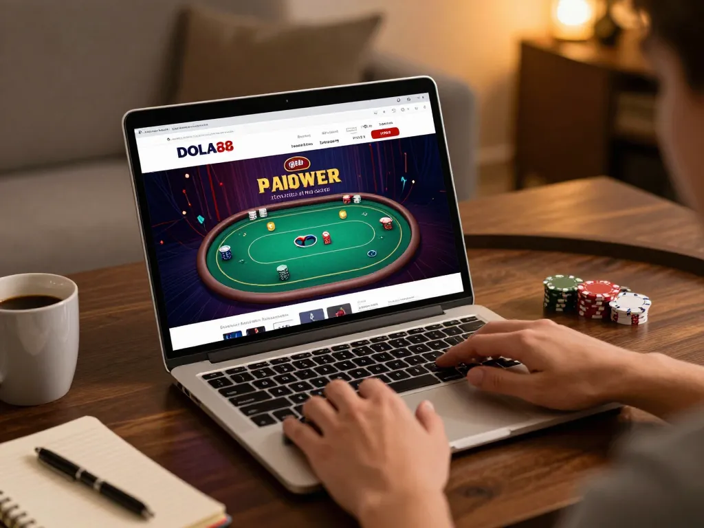 DOLA88 player engaged in strategic online poker gameplay at home with cozy atmosphere and focused setup.
