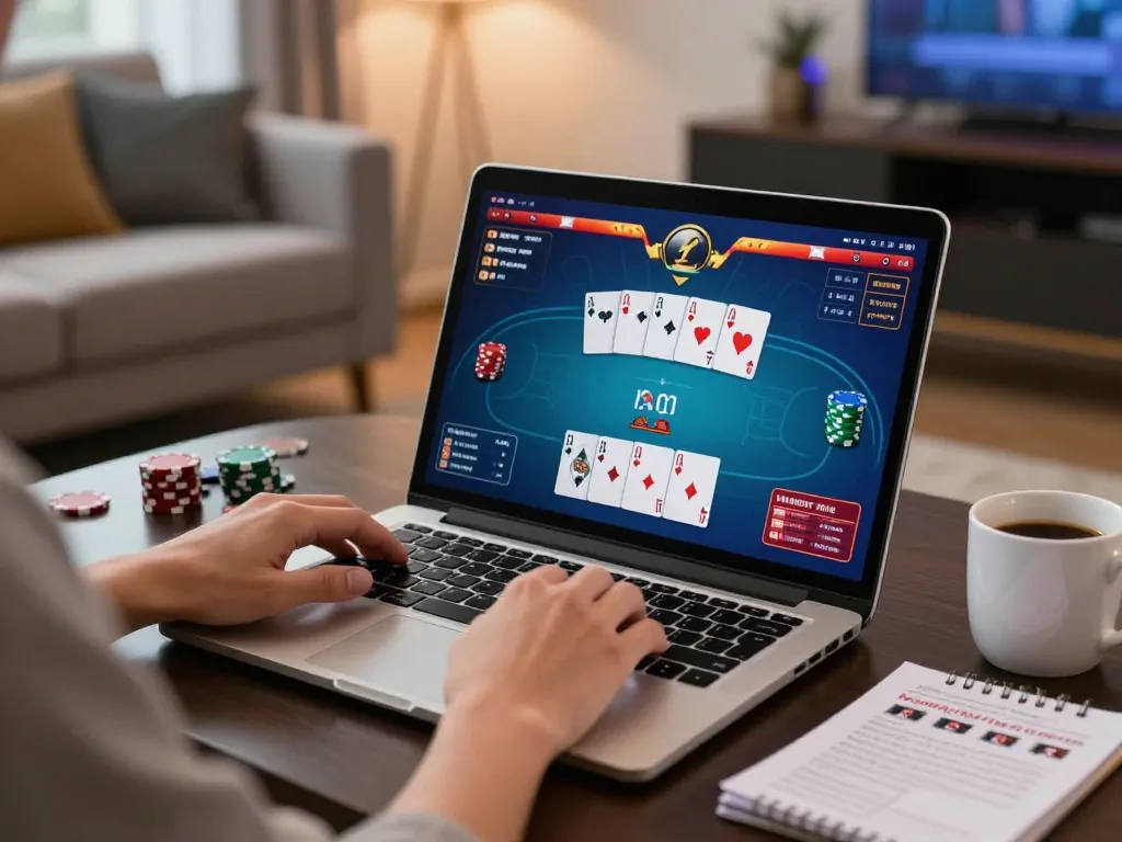 Engaging poker game on laptop with user betting at 88i, showcasing online gambling strategy and relaxation.
