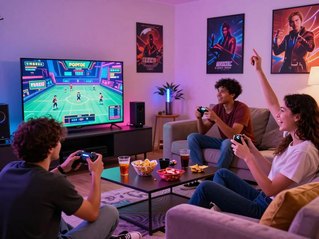 Friends enjoying a popotogel game night in a vibrant living room.
