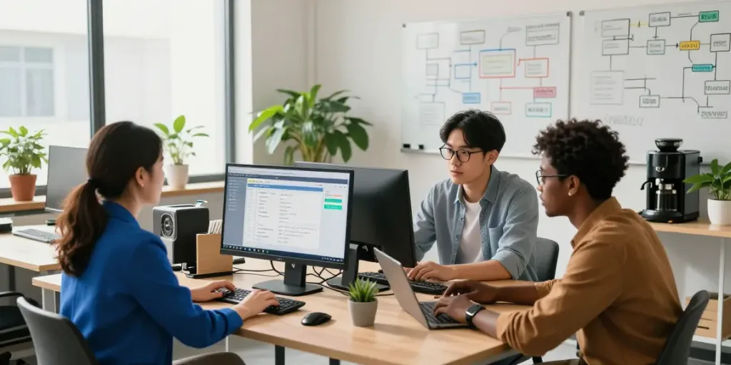 HVAC Software development team collaborating with modern tech tools in a bright office.