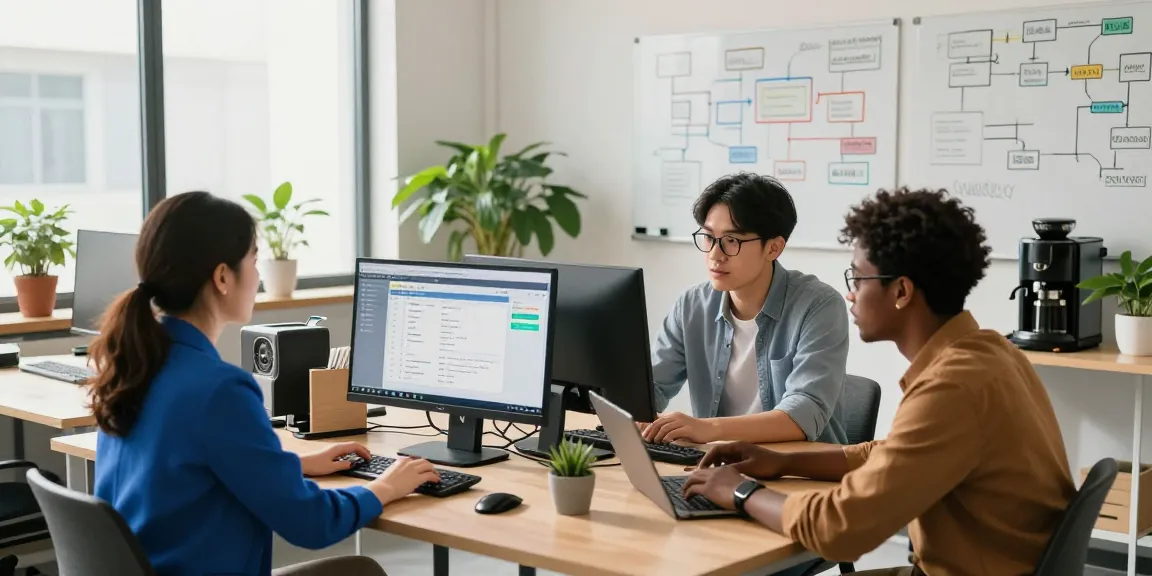 HVAC Software development team collaborating with modern tech tools in a bright office.