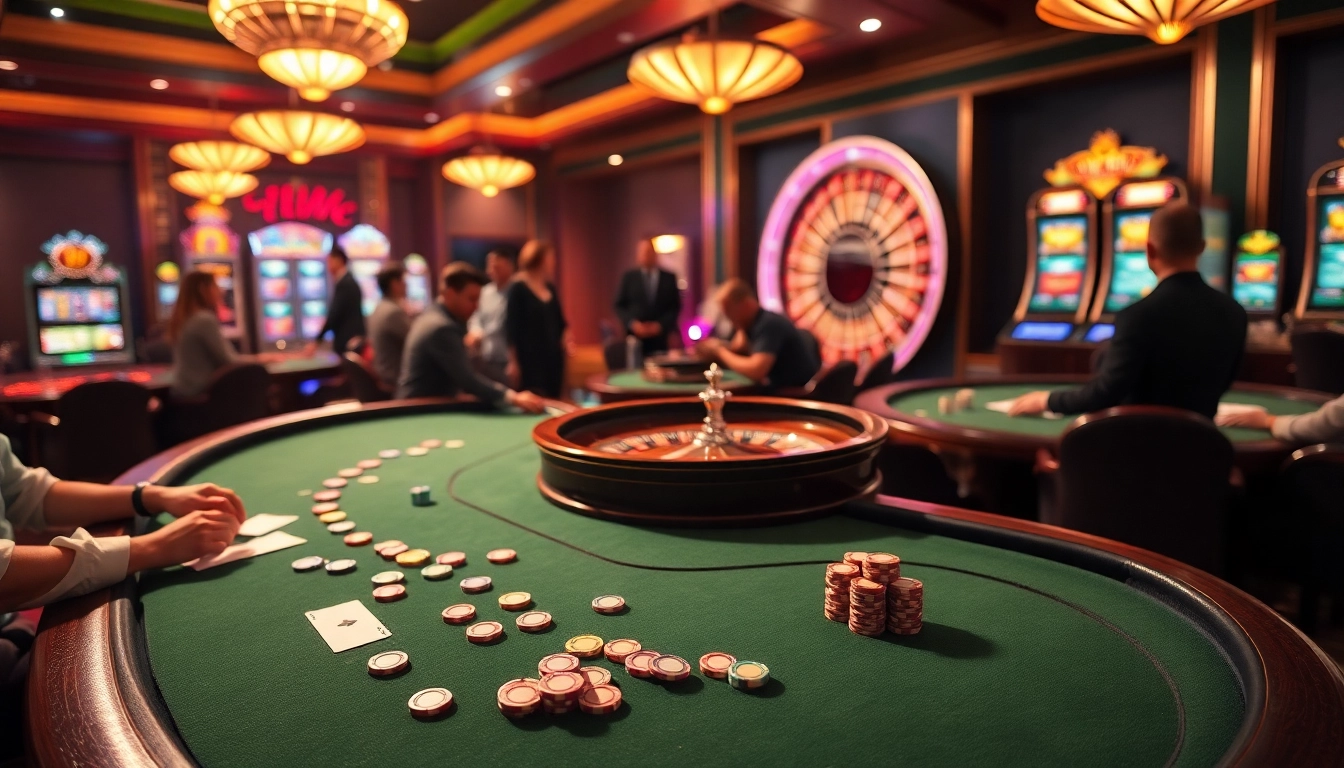 Atmosphère passionnante de casino en ligne avec des joueurs engagés dans le poker, des tables vibrantes et une roue de roulette.