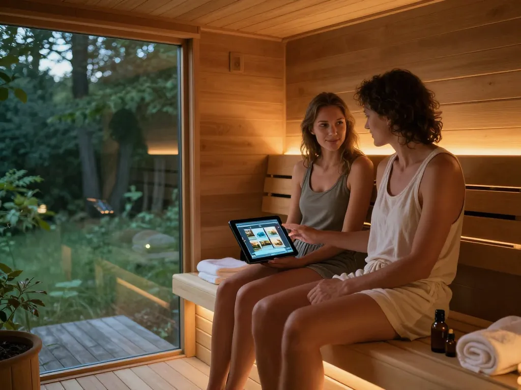 Engaging with sauna 3D configurator in a serene home sauna setting