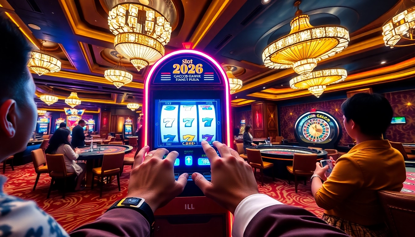 Players enjoying slot gacor hari ini at a luxurious casino with vibrant lights and excitement.