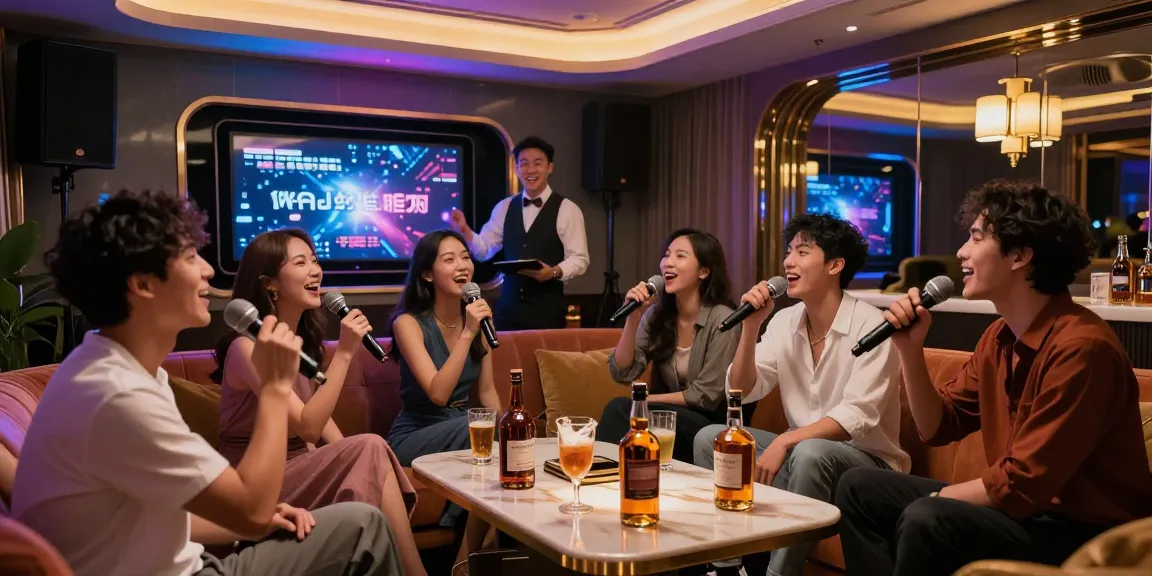 강남 가라오케의 화려한 프라이빗 룸에서 친구들과 함께 노래하며 즐거운 시간을 보내는 모습