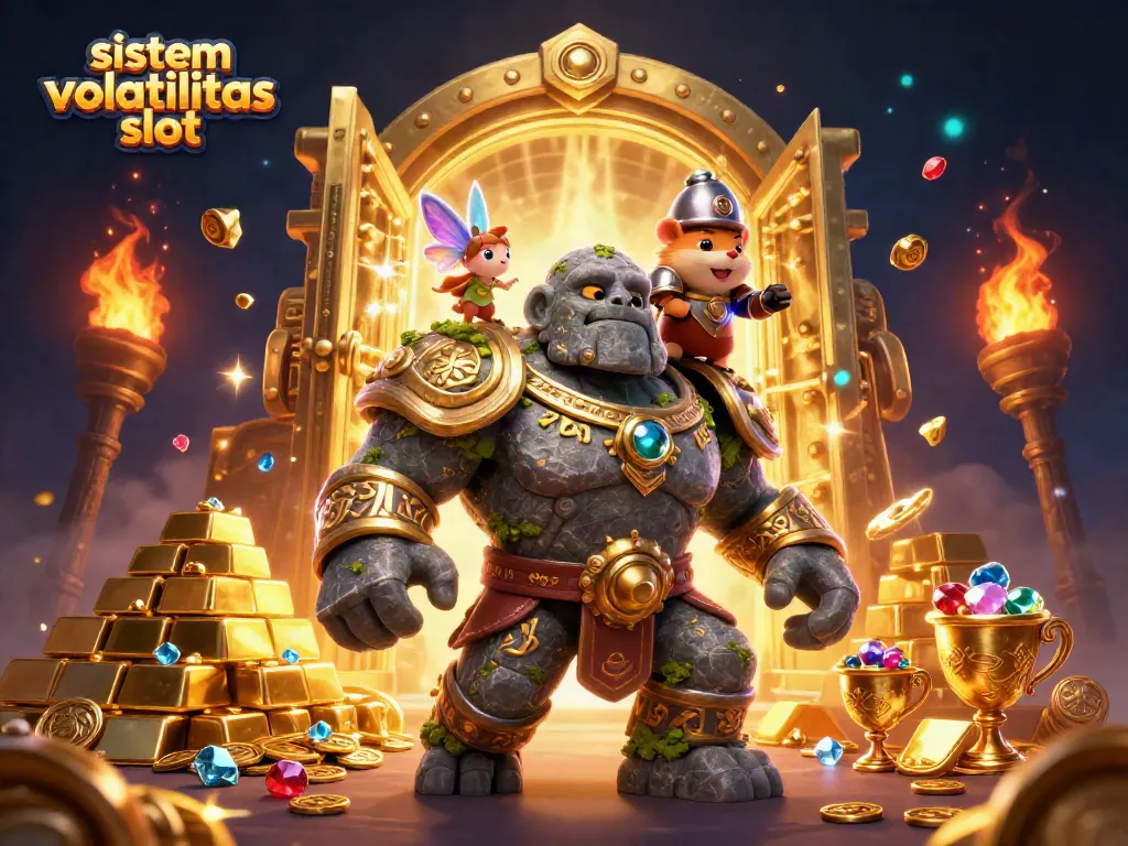 Gambar ilustrasi 3D sistem volatilitas slot yang menunjukkan golem mistis dan koleksi koin kuno.