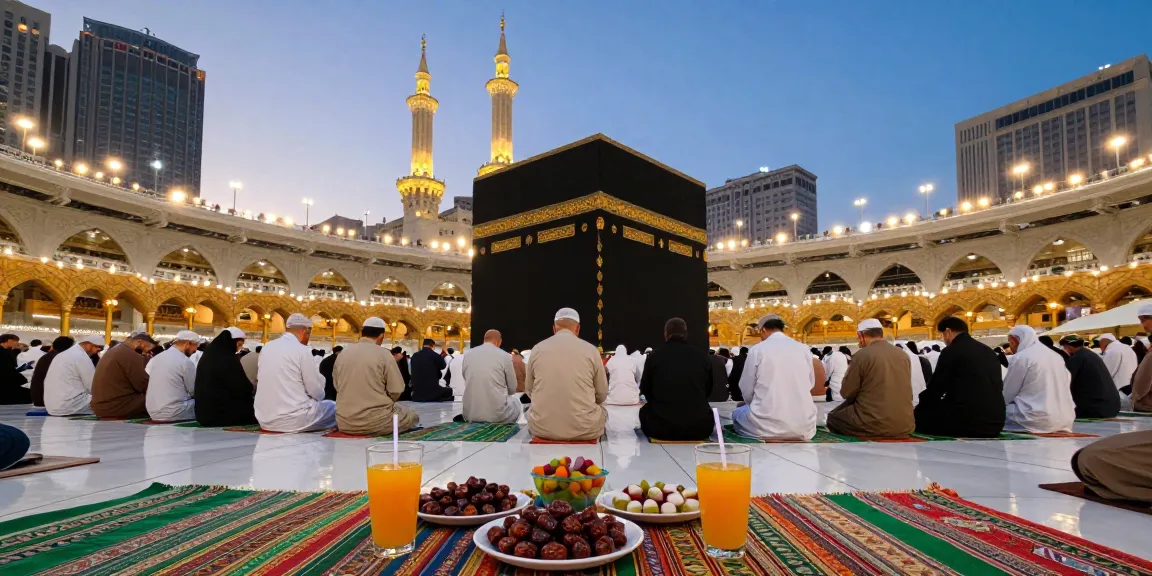 Celebrating the umroh full ramadhan experience amid the spiritual heart of Mecca, capturing magical moments of prayer and community.