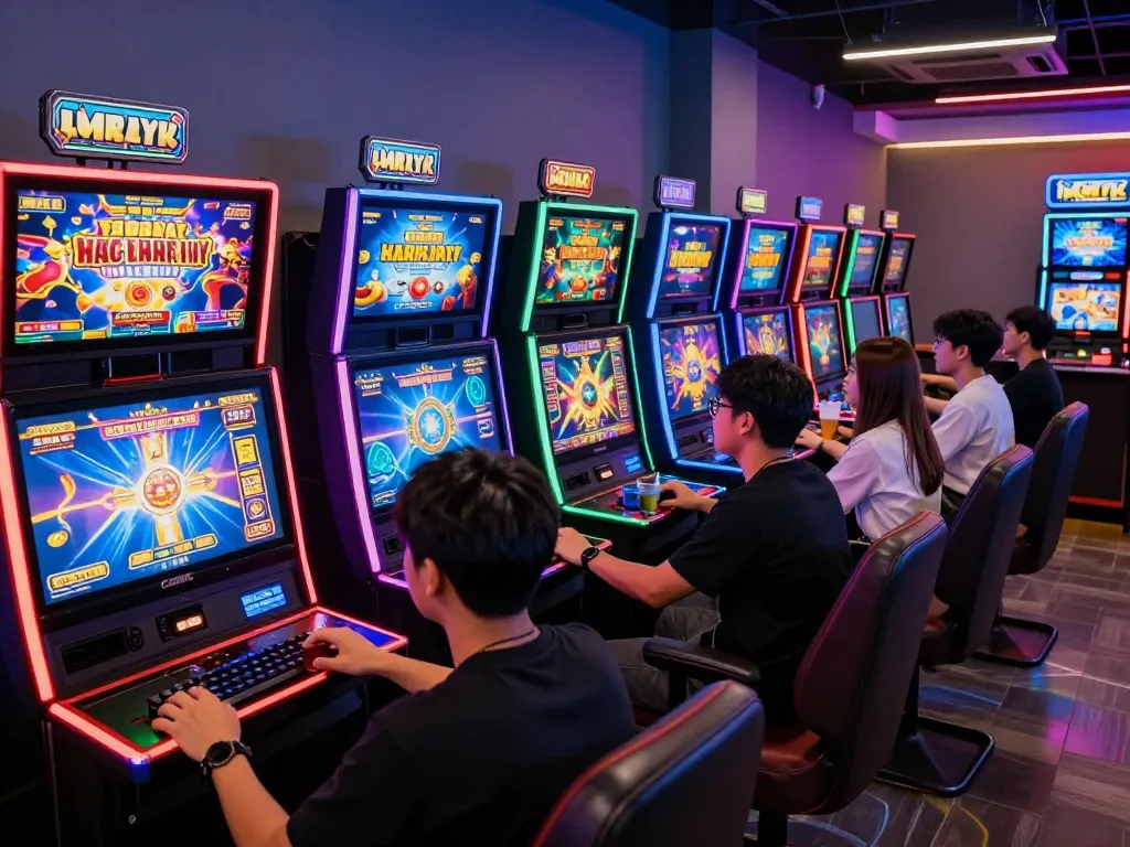 Exciting gaming atmosphere showcasing slot gacor hari ini, players engaged in vibrant slot games with neon lights.