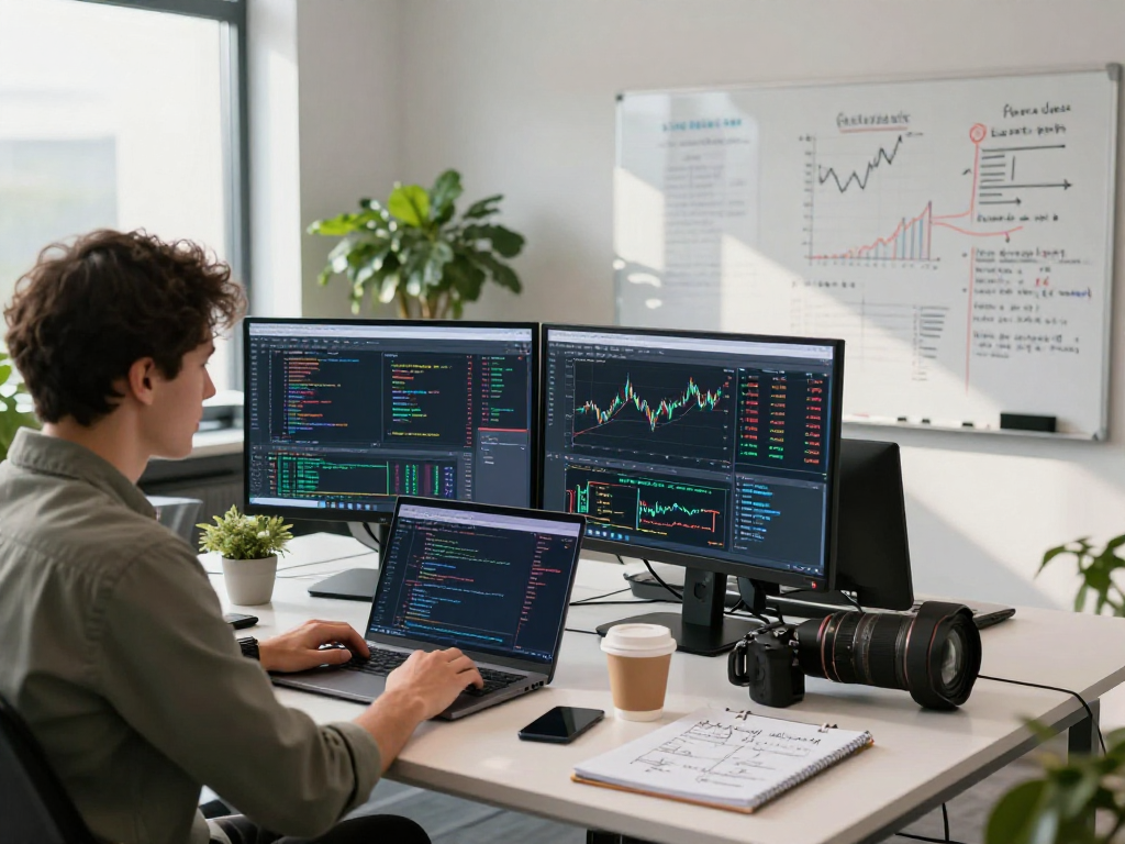 Global futures real-time API development scene with market data analysis and collaboration in a tech workspace.