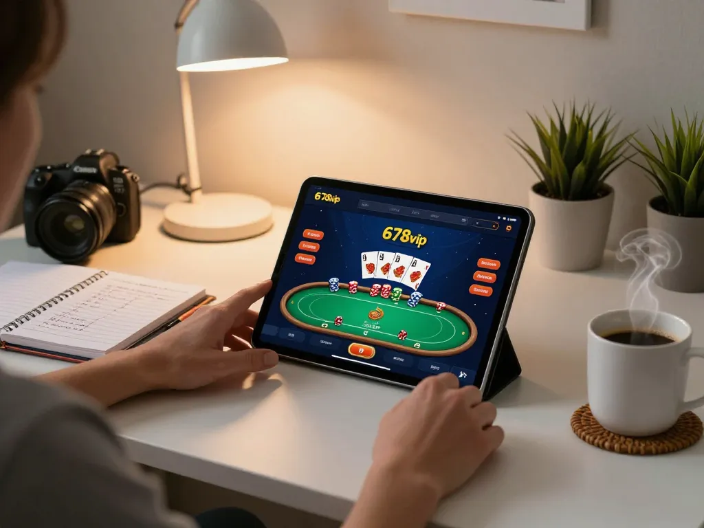 Player engaging in strategic online gaming at 678vip's casino app on tablet, showcasing a cozy home atmosphere