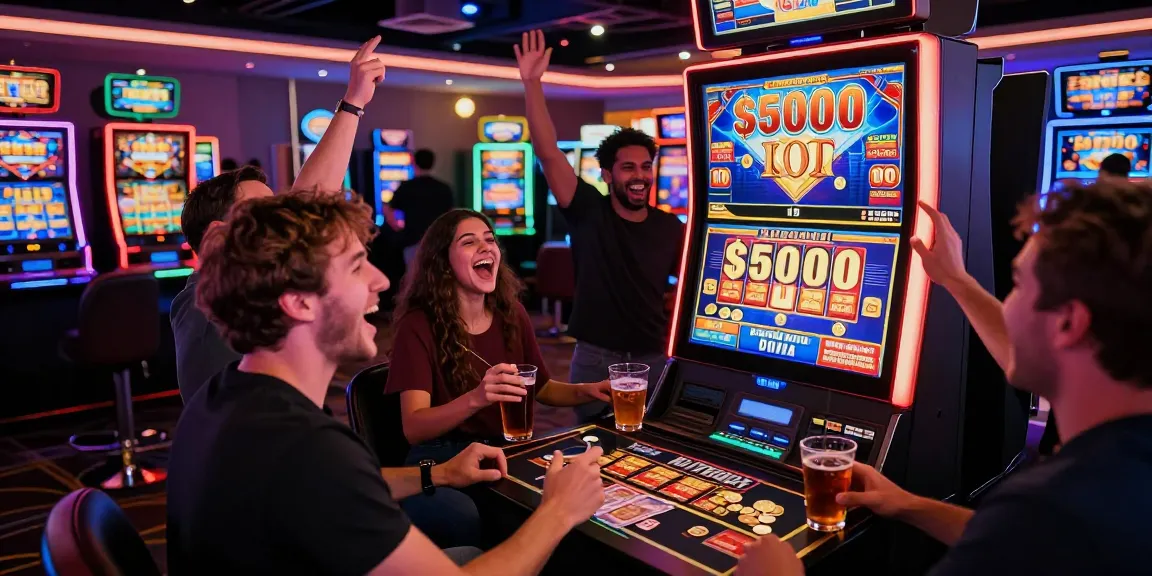 Exciting group of friends celebrating a slot 5000 win in a vibrant casino atmosphere.