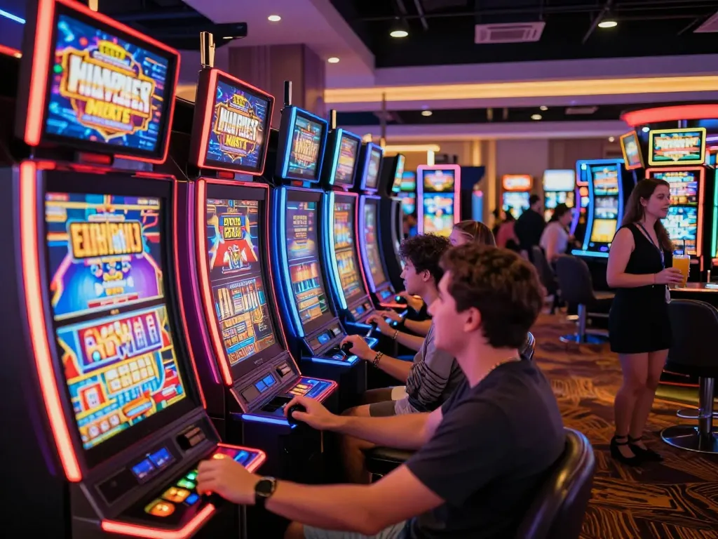 Players enjoying vibrant slot games with colorful machines and dynamic gameplay