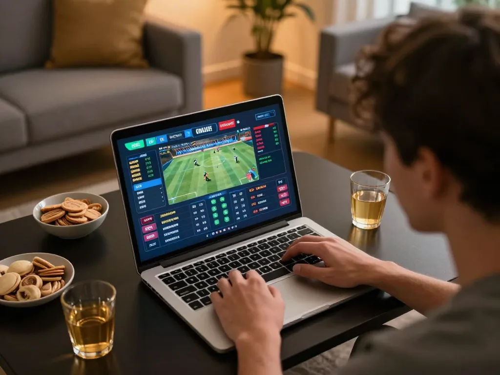 Player engaged in online sports betting at home using UU88, showcasing vibrant betting interface and cozy atmosphere