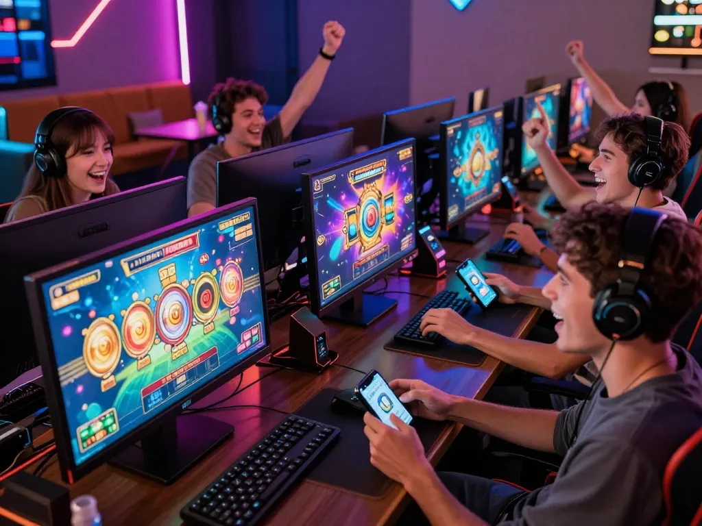 Enthusiastic players at vegasslot77 enjoying immersive online slot games in a vibrant gaming lounge.