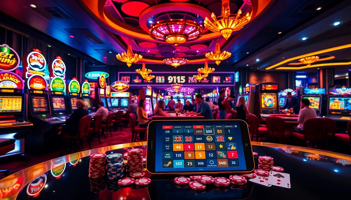 Exciting casino scene with players enjoying games at https://kiss918-ori.app; vibrant slot machines and roulette wheels!